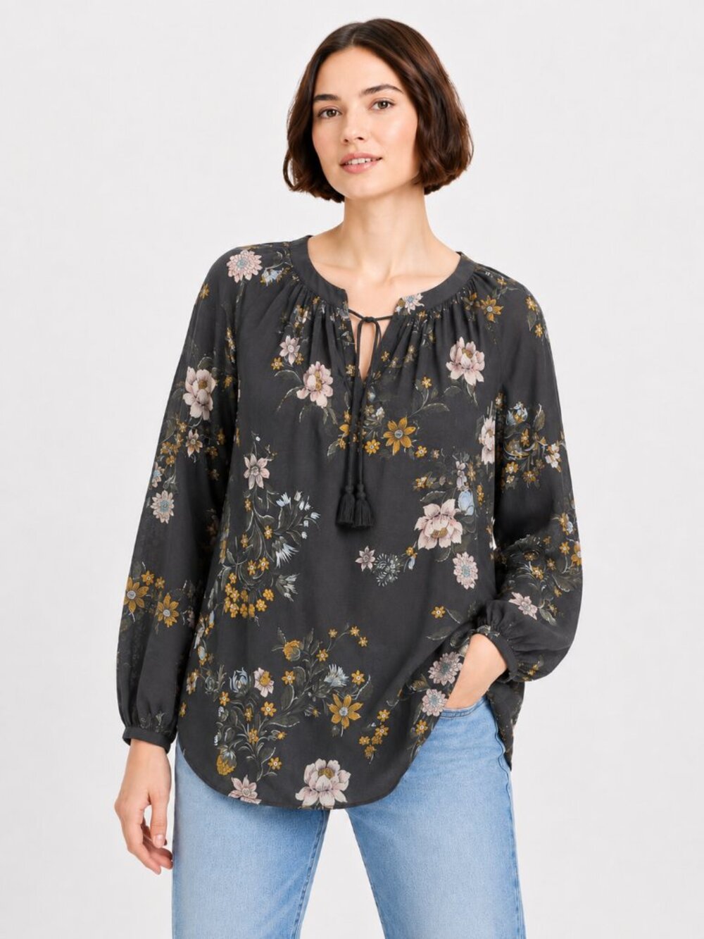 LOFT Outlet Floral Tassel Tie Blouse Coal Grey Long Sleeve Top M NWT